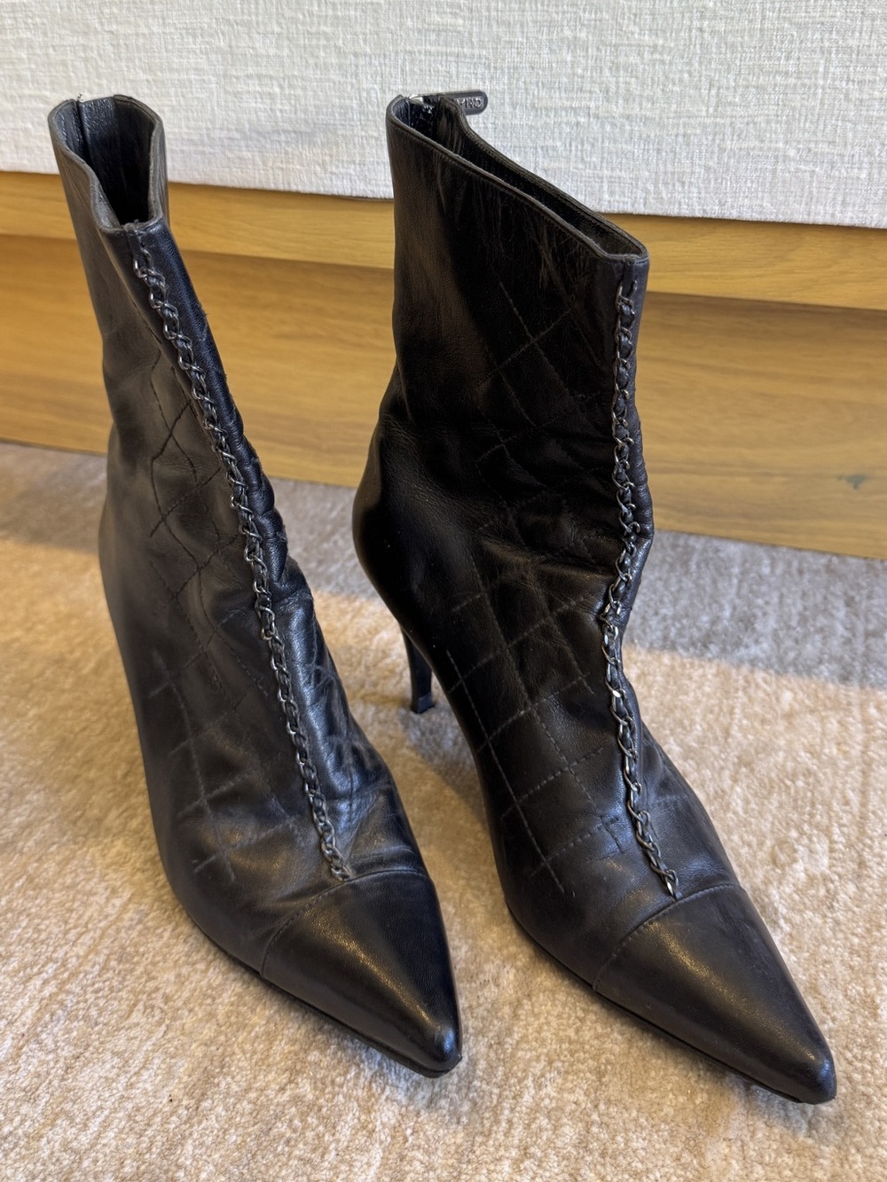 Chanel Black Quilted Leather Pointed-Toe Heeled Boots with Silver Chain Detail - Picture 3 of 16